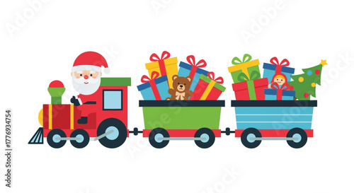 Santa Claus drives a festive train carrying colorful Christmas gifts and a small Christmas tree.