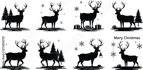 Christmas reindeer silhouette set, festive winter deer illustration, snowflakes, pine trees, ornaments, holiday decoration, black vector graphic
