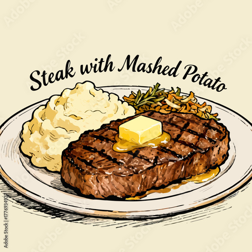 Illustration of a classic American steak dinner with grilled beef, creamy mashed potatoes, and melting butter on a plate