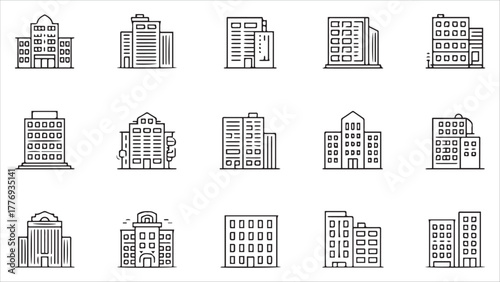 Collection of diverse line art illustrations representing various modern and classic city buildings and skyscrapers