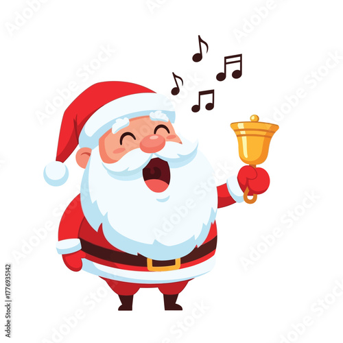 Cheerful Santa Claus rings a golden bell while singing with musical notes floating above.