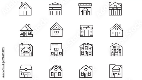 Collection of hand drawn architectural sketches representing diverse residential and commercial building styles