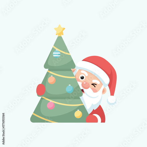 Cartoon Santa Claus peeking from behind a decorated Christmas tree, winking with one eye.
