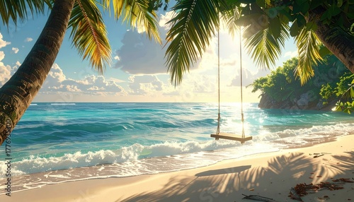 Tropical Beach Paradise Palm Trees Swaying Over A Sandy Shore With An Empty Swing Set Overlooking A Sparkling Blue Ocean Under A Bright Sunny Sky With Gentle Waves Lapping The Coastline