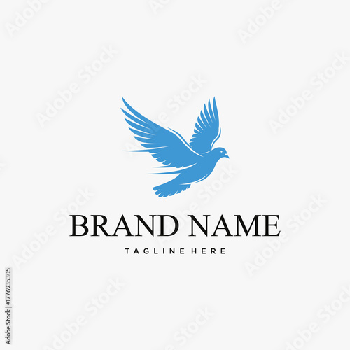 Elegant logo design featuring a blue flying dove, symbolizing peace and freedom, with placeholder text for a brand name and tagline.