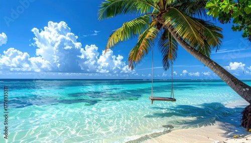 Tropical Beach Paradise Swing Palm Tree Crystal Clear Turquoise Ocean Water Sunny Blue Sky White Clouds Paradise Island