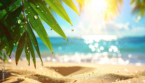 Tropical Beach Paradise With Lush Green Palm Leaves in Golden Hour Sunlight Sparkling Ocean Water and Sandy Shoreline