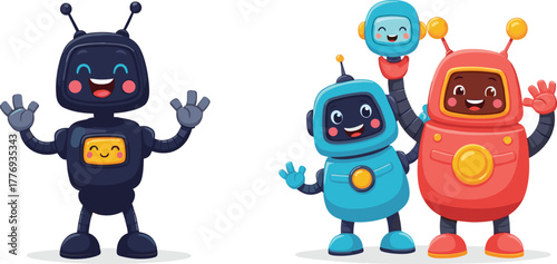 Cartoon robots, friendly robot characters, colorful AI, happy expressions, kids illustration, playful technology, cute machines, vector design, teamwork, isolated background