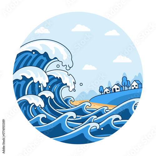 Vector illustration of a devastating tsunami tidal wave approaching a small coastal village, representing a natural disaster