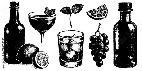 Vintage drink and cocktail set, xerography halftone photocopy art, black and white mixology collection, isolated on transparent background