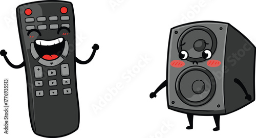 Cartoon remote control, speaker character, cute electronics, smiling gadgets, funny technology, anthropomorphic devices, playful illustration, home entertainment, vector art
