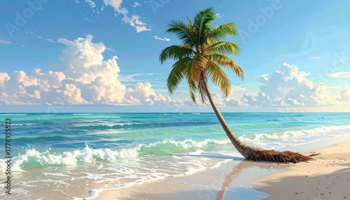 Tropical Beach Sunrise With Leaning Palm Tree Casting Long Shadows on Sandy Shoreline and Gentle Ocean Waves Under a Cloudy Sky