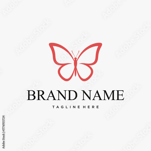 Elegant logo featuring a stylized butterfly in a vibrant red hue, with brand and tagline text.