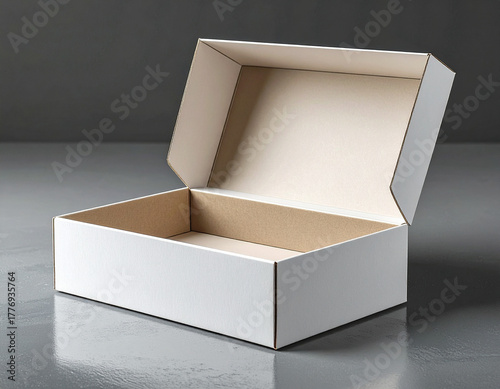 Open rectangular package box with its lid beside it, blank label for mockup, professional product photography