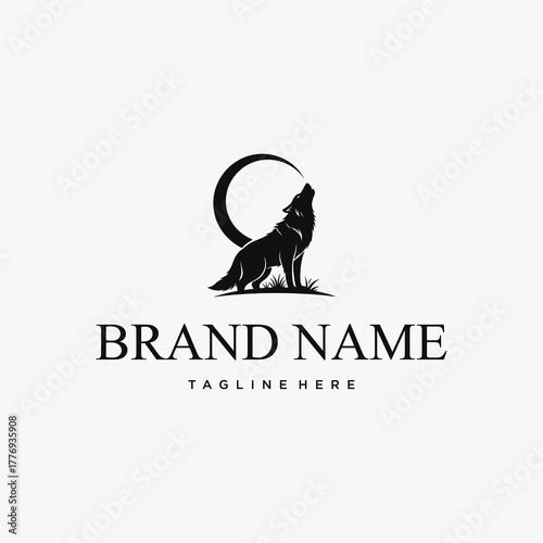 A minimalist logo design featuring a silhouette of a wolf howling at a crescent moon.