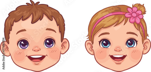 Cartoon happy children faces, cute boy and girl illustration, smiling kids portrait, playful expression, rosy cheeks, colorful vector art