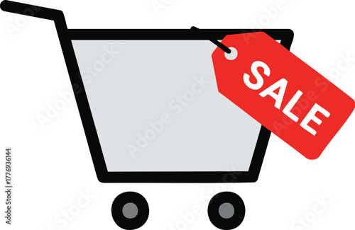 Flat illustration of a shopping cart with a sale tag attached.