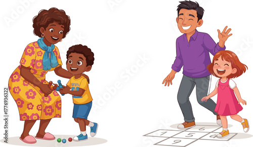Cartoon family playing games, outdoor fun, intergenerational bonding, hopscotch activity, toy play, smiling faces, childhood joy, active lifestyle, colorful illustration