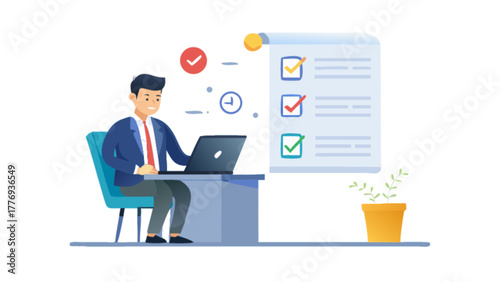 Man working on laptop with task list