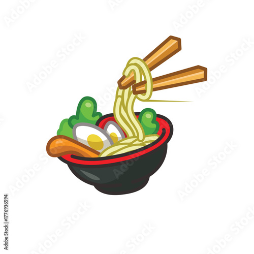 Japanese Ramen Bowl with Noodles, Egg, Vegetables and Chopsticks in Cartoon Style