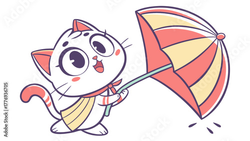 A cute cartoon cat holding a red and yellow striped umbrella
