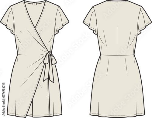 Women's wrap dress technical sketch, flutter sleeve fashion drawing, V-neck garment design, sewing template, stylish silhouette, front and back view