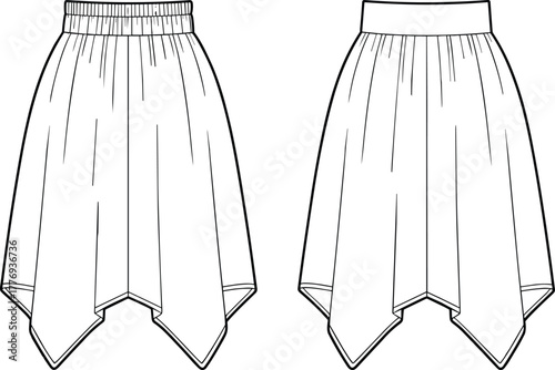 Vector CAD drawing of handkerchief hem skirts with elastic and smooth waistbands for fashion design and garment construction illustration