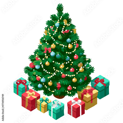 Decorated Christmas Tree with Gifts – Festive Holiday Illustration