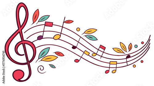 Colorful musical notes and leaves