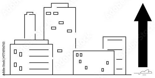 City skyline with modern buildings and rising arrow symbolizing progress, growth, or economic improvement. Ideal for urbanization, business growth, architecture, investment, innovation, development
