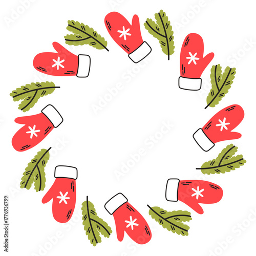 Simple festive round frame with Christmas decor red mitten and spruce branch. The simple vector design perfect for Christmas and New Year decorations or holiday greetings.