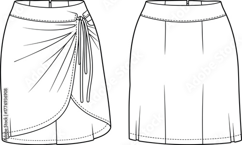 Vector CAD drawing of wrap skirt with gathered side tie and tailored panel skirt for fashion design and garment construction illustration