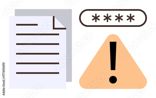 Document page, password field with asterisks, warning triangle with exclamation mark. Ideal for cybersecurity, data breach, privacy, password management, error alert, information protection simple