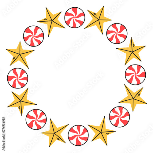Simple festive round frame with Christmas decor lollipop and star. The simple vector design perfect for Christmas and New Year decorations or holiday greetings.