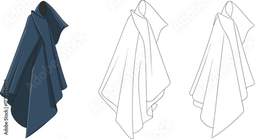 Vector illustration of draped fabric progression from outline to shaded rendering for textile design, digital art, and fashion illustration reference