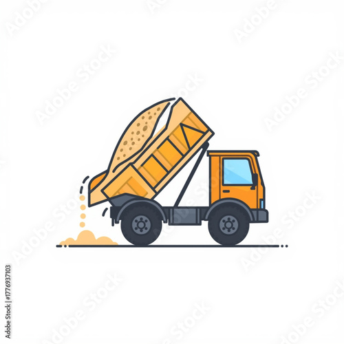 Cartoon Dump Truck Unloading Sand with Clean Flat Vector Style