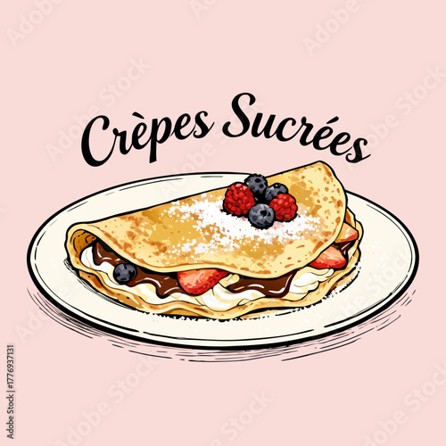 Vector sketch of a sweet French crepe filled with chocolate spread and strawberries, topped with fresh berries and powdered sugar