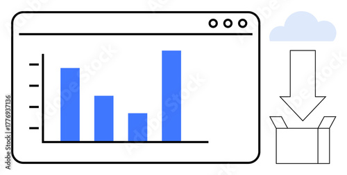 Bar graph in browser denotes data insights, arrow with box shows downloading, cloud illustrates storage. Ideal for analytics, storage, technology, cloud computing, statistics, business process data