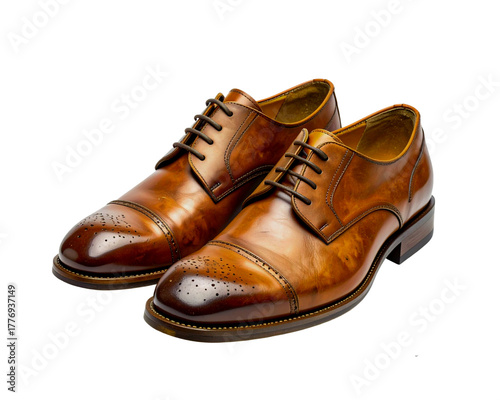 Vintage brown leather shoes with mud splatter on white background
