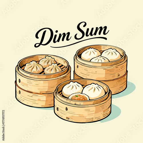 A detailed illustration of traditional Chinese dim sum dumplings beautifully arranged in classic bamboo steamer baskets
