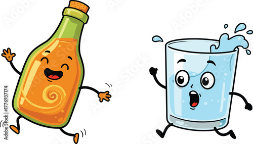 Cartoon bottle with orange liquid chasing surprised water glass, playful anthropomorphic drink characters, splash motion, funny beverage illustration