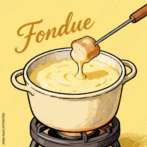 Warm and inviting illustration of a traditional cheese fondue pot, perfect for sharing. A piece of bread is dipped into the creamy, melted cheese