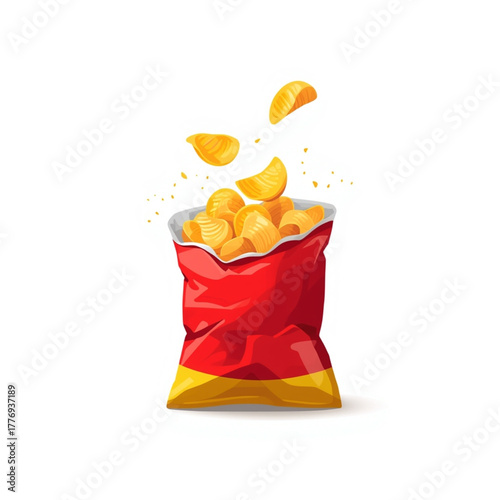 Open Red Snack Bag With Flying Golden Potato Chips Flat Vector Illustration