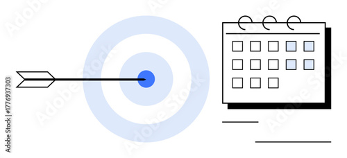 Arrow striking target center paired with calendar symbolizes focus, strategic planning, goal achievement, time management, precision, productivity, and scheduling. Ideal for strategy, punctuality