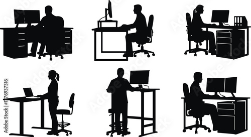 Office workstation silhouettes, ergonomic desk setups, standing and sitting posture, dual monitor workspace, modern computer desk, professional working environment