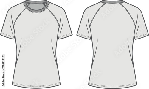 Raglan sleeve t-shirt front and back view, fashion sketch, technical apparel illustration, garment construction, casual wear design, clothing template