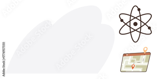 Atomic model symbolizing research and analysis beside a digital map with location markers. Ideal for technology, innovation, exploration, education, connectivity, research, digital transformation