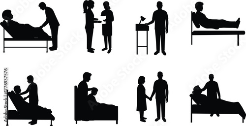 Caregiver, nurse, patient, hospital bed, medical support, healthcare worker, comforting, elderly care, clinical help, emotional care, silhouette scene