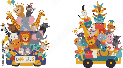 Carnival animals illustration, cute zoo parade, festive cartoon characters, colorful float celebration, children party theme, joyful animal gathering, vector art