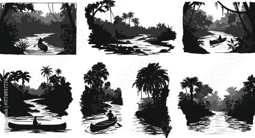 Canoeing through tropical jungle river, black and white silhouette, nature adventure, palm trees, dense foliage, serene waterway, vector illustration